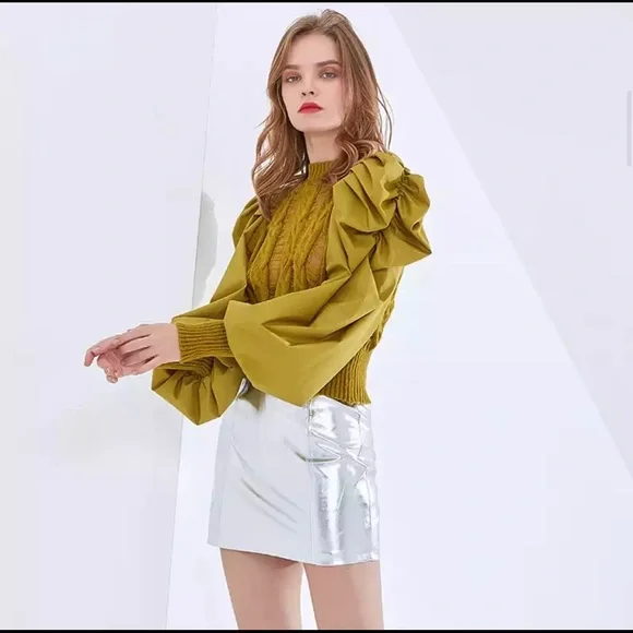 New Bishop Puff Sleeves Distress Crew neck Black color Pull on Sweater - Picture 12 of 12